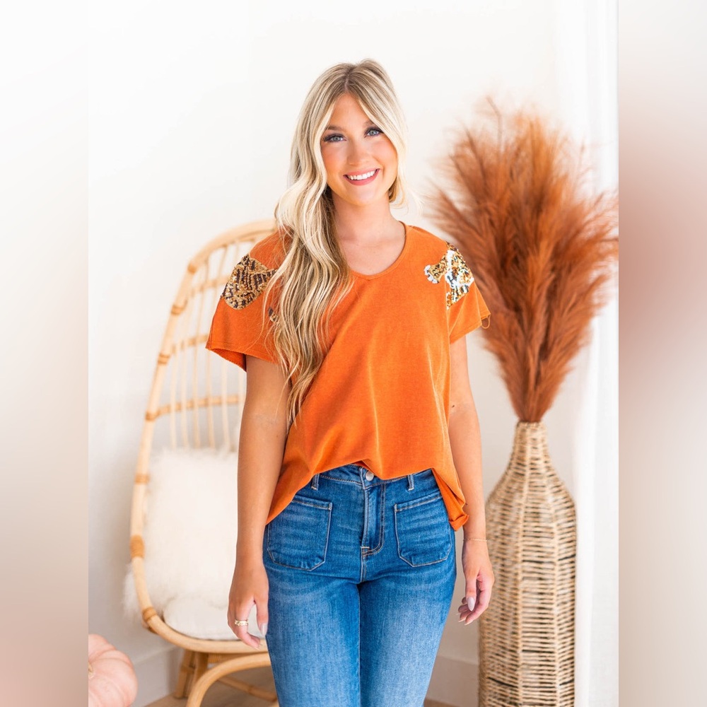 Orange Tiger Sequin Patch Top - image 2